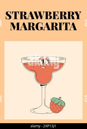 Margarita alla fragola dal carattere vivace. Poster estivo rétro con popolare cocktail alcolico. Illustrazione vettoriale vintage in stile anni '70, '80 Illustrazione Vettoriale