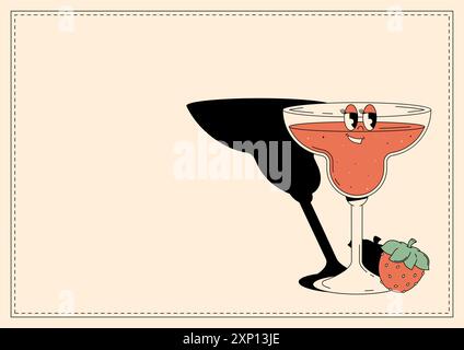 Margarita alla fragola dal carattere vivace. Banner retrò bevanda alcolica con spazio vuoto. Illustrazione vettoriale retrò in stile anni '70, '80 Illustrazione Vettoriale