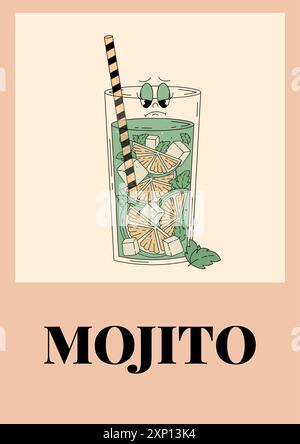 Mojito dal carattere vivace. Poster estivo rétro con popolare cocktail alcolico. Illustrazione vettoriale vintage in stile anni '70, '80 Illustrazione Vettoriale