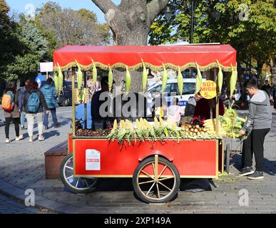 ISTANBUL, TURCHIA - 30 OTTOBRE 2021: Fornitore di mais non identificato che vende mais e castagne al Parco Sultanahmet Foto Stock