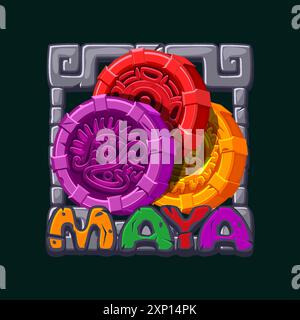 Icona DELL'APP Maya per il gioco 2D. Simbolo asola. Amuleti aztechi colorati in una cornice di pietra per il tuo gioco 2D. Illustrazione Vettoriale