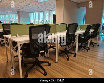 Spazio di lavoro vuoto in un ufficio moderno con un piccolo armadio verde che separa la scrivania. design moderno degli interni dell'ufficio. Foto Stock