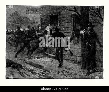 Una vecchia incisione del raid di Sant'Albano del 1864. È tratto da un libro di storia vittoriana del 1900 circa. Il raid fu l'azione terrestre più settentrionale della guerra civile americana. Ambientato a St Albans, Vermont, USA il 19 ottobre 1864, ebbe inizio nella provincia del Canada da 21 soldati confederati che avevano recentemente evitato la cattura nell'esercito degli Stati Uniti. La missione del raid era quella di rapinare banche per raccogliere fondi e ingannare l'esercito dell'Unione per deviare le truppe per difendere il loro confine settentrionale da ulteriori incursioni. I Confederati ottennero i soldi, uccisero un locale e fuggirono in Canada. Foto Stock