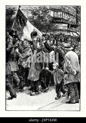 Una vecchia incisione della marcia di strada a Parigi, Francia 1871, che protestava contro la loro opposizione alla decisione del governo francese di arrendersi alla Germania come tradimento da parte di fazioni borghesi, monarchici e la campagna stanca della guerra nel 1871. È tratto da un libro di storia vittoriana del 1900 circa. Il 18 marzo 1871 le guardie nazionali e la sinistra rivoluzionaria si sollevarono per proclamare la comune di Parigi, formando un governo rivoluzionario francese che prese il potere nella città dal 28 maggio 1871. Foto Stock