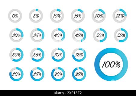 Serie di diagrammi percentuali circolari blu. Simboli del cerchio di avanzamento o di caricamento. Da 0 a 100. Cerchio gradiente. Vettore Illustrazione Vettoriale