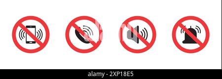 Icona di impostazione della modalità silenziosa. Segno proibito. Disattivare il pittogramma del suono. Segnali vietati per il luogo pubblico. Vettore Illustrazione Vettoriale