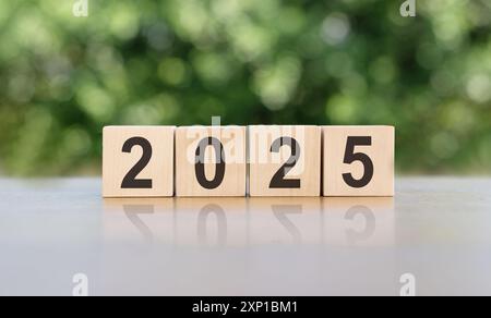 Blocchi in legno Spelling Out 2025 su tavolo con sfondo verde Foto Stock