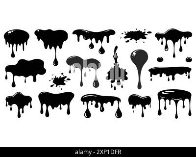 Gocciolamento di inchiostro nero. Macchie isolate di vernice. Gocciolamento di vernice. Gocciolamento di liquido. Vernice corrente Illustrazione Vettoriale