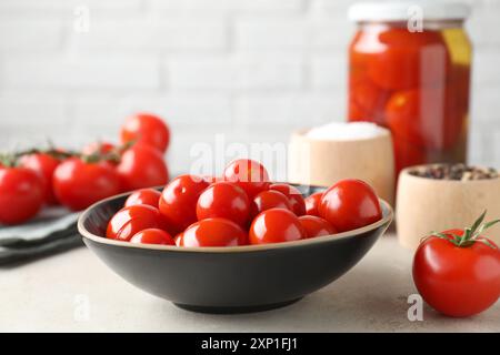 Gustosi pomodori sottaceto, verdure fresche e spezie su un tavolo grigio chiaro Foto Stock
