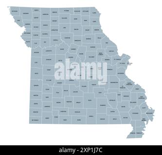 Missouri, suddiviso in 114 contee e la città indipendente St. Louis, mappa politica grigia. Stato nella regione Midwest degli Stati Uniti. Foto Stock