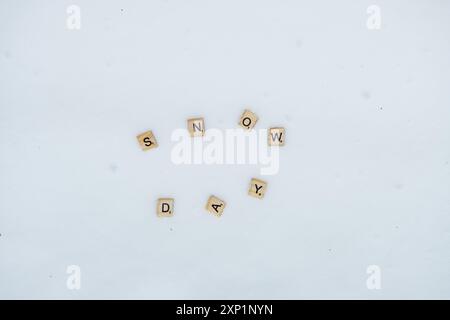 Le tessere scrabble scrivono "giorno della neve" su uno sfondo bianco e innevato Foto Stock