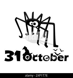 Illustrazione di Halloween con il 31 ottobre e grazioso ragno per il tuo calendario di design o stampa. Design T-shirt Halloween Illustrazione Vettoriale