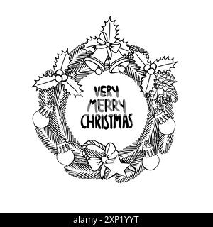 Linea monocromatica Arte Christmas Wreath Clipart, decorato rami verde abete rosso. Illustrazione Vettoriale