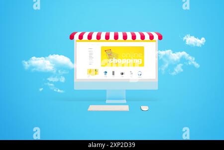 Composizione per lo shopping online con un display per computer circondato da nuvole e una tenda rossa, che mostra una pagina Web di e-commerce Foto Stock