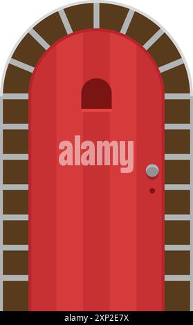 Porta rossa nella porta di pietra. Facciata della casa dei cartoni animati Illustrazione Vettoriale