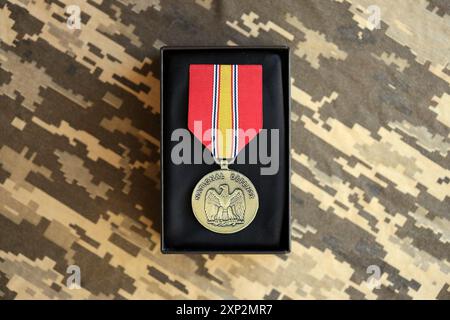 KIEV, UCRAINA - 10 LUGLIO 2024 Medaglia del servizio generale di difesa Nazionale. Medaglia di premio militare degli Stati Uniti con nastro e spilla. Primo piano di oggetti di scena fatti a mano in carta Foto Stock