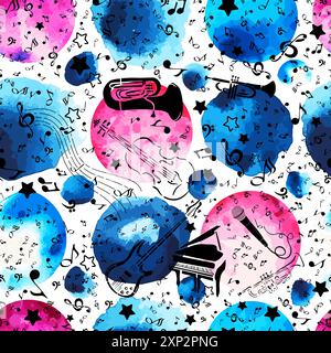 Strumenti musicali di sottofondo senza interruzioni. disegnato a mano. Non ai, illustrazione vettoriale Illustrazione Vettoriale