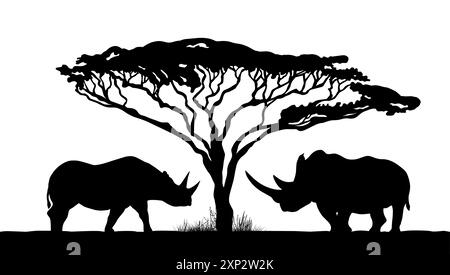 Rinoceronte e albero africano. disegnato a mano. Non ai, illustrazione vettoriale Illustrazione Vettoriale