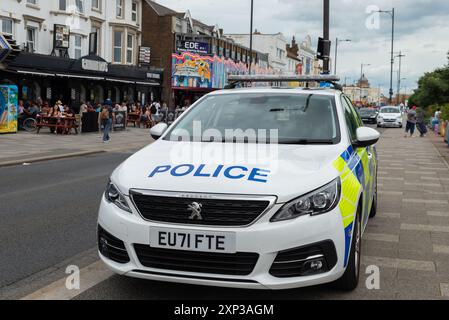 Southend on Sea, Essex, Regno Unito. 3 agosto 2024. Un ordine di dispersione e l’autorità di cui alla sezione 60 sono in corso di attuazione a Southend a seguito dei timori di un ripetuto evento dirompente TikTok «Southend Motive» che ha visto persone con grandi coltelli correre intorno al lungomare e a High Street. L'ordine di dispersione è in vigore dalle 14:00 di oggi fino alle 14:00 di domenica (4 agosto) e la sezione 60 dalle 15:00 per 24 ore. La polizia si è posizionata lungo il lungomare Foto Stock