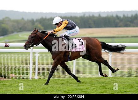 Witness Stand guidato da Kieran Shoemark vince il Whispering Angel handicap durante il quinto giorno del Qatar Goodwood Festival presso l'ippodromo Goodwood di Chichester. Data foto: Sabato 3 agosto 2024. Foto Stock