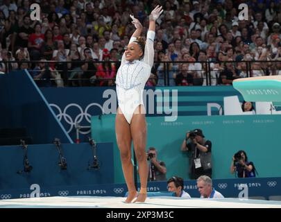 Parigi, Francia. 3 agosto 2024. Rebeca Andrade del Brasile si esibisce nella finale di ginnastica femminile ai Giochi Olimpici di Parigi 2024 a Parigi, Francia, sabato 3 agosto 2024. Foto di Pat Benic/UPI credito: UPI/Alamy Live News Foto Stock