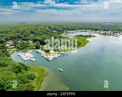 vista aerea del porto di three mile, east hampton, new york Foto Stock