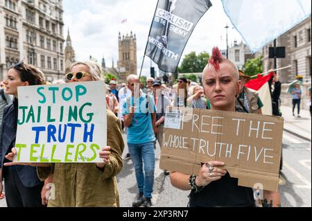 Londra, Regno Unito. 3 agosto 2024. Gli attivisti per il clima di Just Stop Oil, Defend Our Juries, Extinction Rebellion UK e Fossil Free London si riuniscono in solidarietà con i cinque attivisti JSO attualmente detenuti. Crediti: Andrea Domeniconi/Alamy Live News Foto Stock