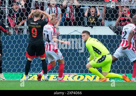 Herning, Danimarca. 3 agosto 2024. Superliga match tra FC Midtjylland e AAB alla MCH Arena di Herning sabato 3 agosto 2024. (Foto: Henning Bagger/Scanpix 2024) credito: Ritzau/Alamy Live News Foto Stock