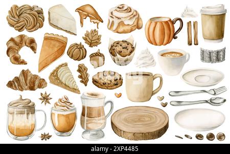 Pasticceria autunnale, dessert, bevande e stoviglie. Set di dolci autunnali e bevande calde. Illustrazione degli alimenti ad acquerello isolata su backgrou bianco Foto Stock