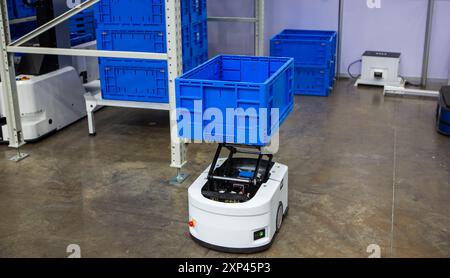 Robot autonomo che preleva i materiali da rack multistrato in un moderno magazzino industriale. Foto Stock