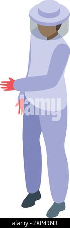 L'apicoltore che indossa una tuta protettiva è in piedi e mostra qualcosa con le mani Illustrazione Vettoriale