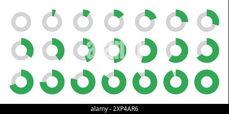 Da 0 a 100 cerchi divisi infografici impostati in verde e grigio in cerchi sottili e spessi nuovo stile con 5, 10, 15, 20, 50, 70, 90, 100 percento. Illustrazione Vettoriale