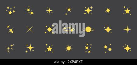 Scintillio o vettore di brillantezza enorme serie di stelle diverse di colore giallo su sfondo nero. Icone delle stelle scintillanti. Icona di brillantezza. Le stelle brillano il vettore dei doodles. Illustrazione Vettoriale
