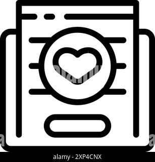 Semplice icona a forma di linea di un'app di incontri online che mostra un profilo con un simbolo di cuore prominente, che significa amore e romanticismo Illustrazione Vettoriale