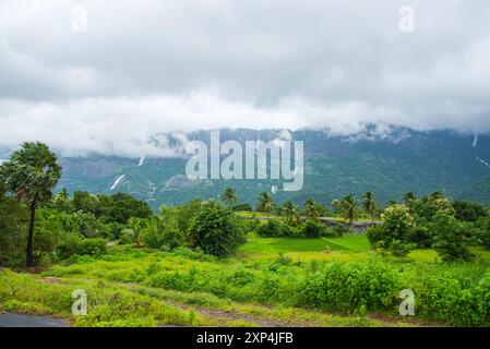 Affascinante strada del Villaggio di Kollengode con le montagne Nelliyampathy e le cascate di Seetharkundu - Turismo del Kerala Foto Stock