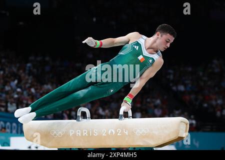 PARIGI, FRANCIA. 3 agosto 2024. Rhys McClenaghan del Team Ireland gareggia durante la finale del pommel Horse dell'ottavo giorno dei Giochi Olimpici di Parigi 2024 alla Bercy Arena, Parigi, Francia. Crediti: Craig Mercer/Alamy Live News Foto Stock