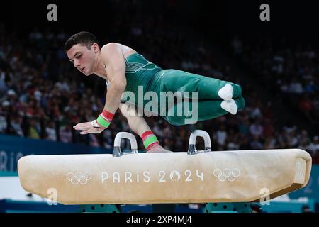 PARIGI, FRANCIA. 3 agosto 2024. Rhys McClenaghan del Team Ireland gareggia durante la finale del pommel Horse dell'ottavo giorno dei Giochi Olimpici di Parigi 2024 alla Bercy Arena, Parigi, Francia. Crediti: Craig Mercer/Alamy Live News Foto Stock