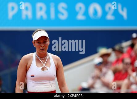 Zagabria, Croazia. 3 agosto 2024. PARIGI, FRANCIA - 3 AGOSTO: Donna Vekic di Croazia durante la finale di Tennis Women's Singles contro il cinese Qinwen Zheng l'ottavo giorno dei Giochi Olimpici di Parigi 2024 al Roland Garros il 3 agosto 2024 a Parigi, Francia. Foto: Igor Kralj/PIXSELL credito: Pixsell/Alamy Live News Foto Stock