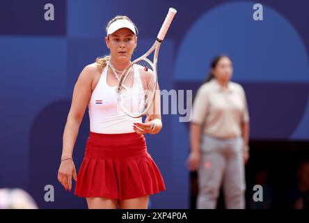 Zagabria, Croazia. 3 agosto 2024. PARIGI, FRANCIA - 3 AGOSTO: Donna Vekic di Croazia durante la finale di Tennis Women's Singles contro il cinese Qinwen Zheng l'ottavo giorno dei Giochi Olimpici di Parigi 2024 al Roland Garros il 3 agosto 2024 a Parigi, Francia. Foto: Igor Kralj/PIXSELL credito: Pixsell/Alamy Live News Foto Stock