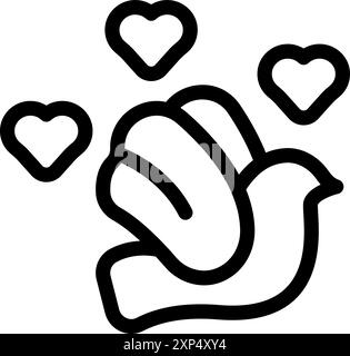 Icona minimalista di una colomba bianca che vola e diffonde l'amore, con tre cuori intorno Illustrazione Vettoriale