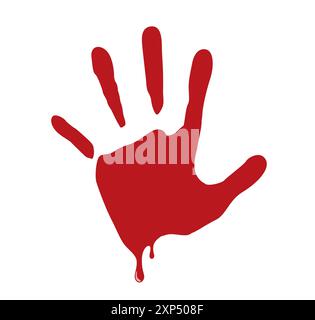 Impronta ematica a mano isolata su sfondo bianco. Orrore sangue spaventoso impronte digitali sporche. Elementi scarificanti con palmo rosso con macchie, schizzi e strea Illustrazione Vettoriale