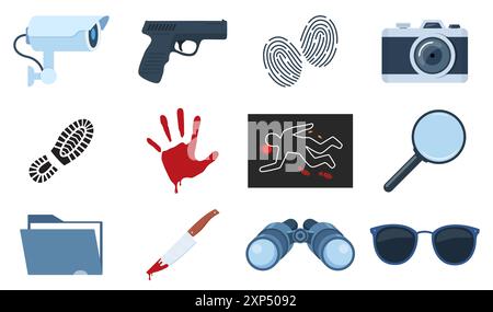 Set di icone per indagini su omicidio. Equipaggiamento investigativo della polizia. Strumenti di indagine. Simboli del crimine. Criminology Police Crime Investigation Scene Elements Illustrazione Vettoriale