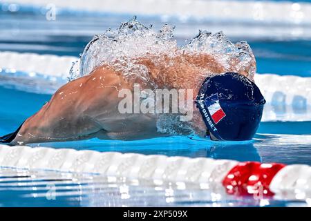 Parigi, Francia. 3 agosto 2024. Maxime Grousset di Francia gareggia nella finale di nuoto 100m Butterfly Men durante i Giochi Olimpici di Parigi 2024 presso la Defense Arena di Parigi (Francia), il 3 agosto 2024. Crediti: Insidefoto di andrea staccioli/Alamy Live News Foto Stock