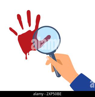 Uomo che guarda attraverso la lente d'ingrandimento la stampa a mano Blood. Feritoia per l'identificazione. Identità, concetto di prove. Palmo rosso. Omicidio o crimine Illustrazione Vettoriale