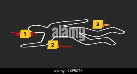 Gessk ha delineato l'illustrazione della vittima di omicidio con i marcatori delle prove. Corpo morto con sangue. Criminology Police Crime Investigation Scene. Illustrati vettoriali Illustrazione Vettoriale