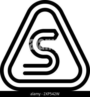 Icona in bianco e nero di un cartello stradale tortuoso che indica una curva a S in avanti, sollecitando cautela e procedure di guida sicure Illustrazione Vettoriale