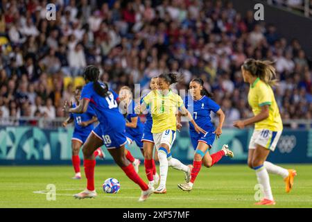 Nantes, Francia. 3 agosto 2024. Adriana del Brasile durante i quarti di finale di calcio femminile tra Francia e Brasile durante i Giochi Olimpici di Parigi 2024 allo Stade de la Beaujoire di Nantes, Francia (Richard Callis/SPP) credito: SPP Sport Press Photo. /Alamy Live News Foto Stock