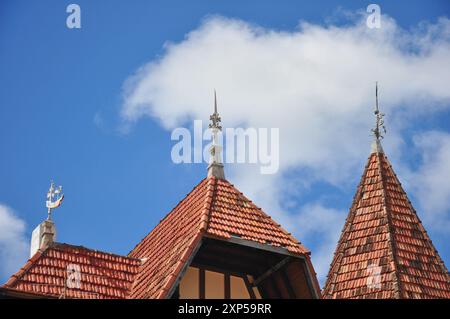 Tetti di tegole rosse e guglie ornate sotto il cielo blu vibrante con soffici nuvole Foto Stock