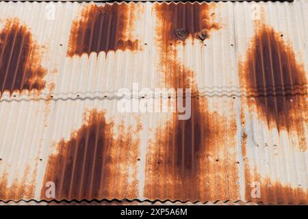 Vista ravvicinata di un tetto in metallo ondulato arrugginito e resistente alle intemperie in una giornata di sole. Foto Stock