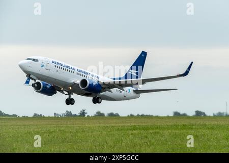 Aeroplano commerciale che decolla da una pista erbosa sotto un cielo nuvoloso, mostrando il brivido del viaggio aereo. Foto Stock